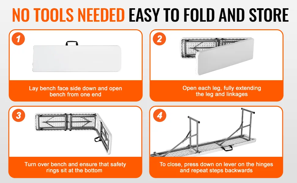 VEVOR folding picnic bench instructions: lay flat, open legs, secure safety rings, press lever to close.