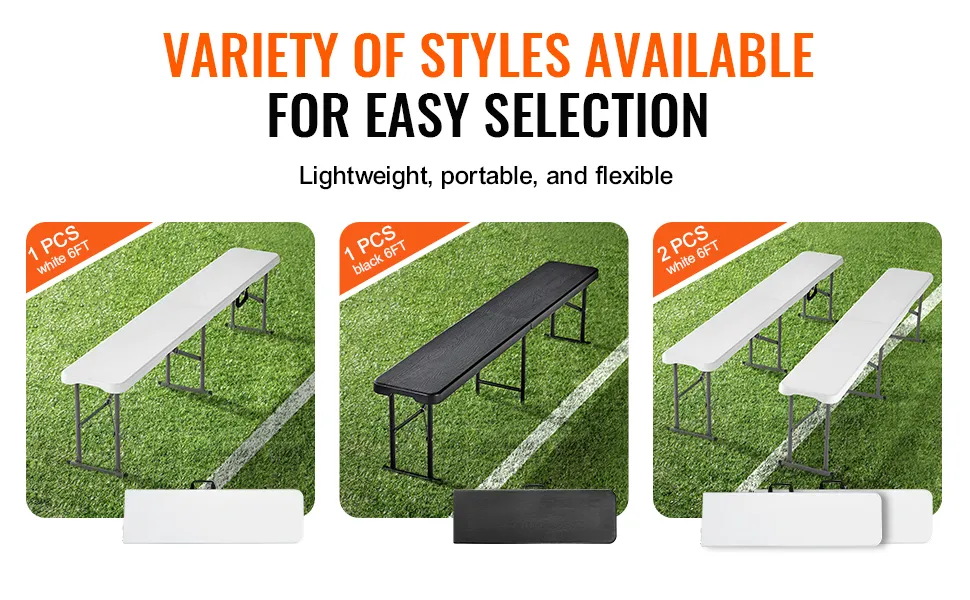 VEVOR folding picnic bench, available in white and black, lightweight and portable, set on green grass.