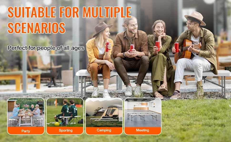 outdoor gathering showcasing the VEVOR folding picnic bench used for party, sporting, camping, and meetings.