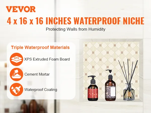 VEVOR 4x16x16 inch waterproof shower niche, triple waterproof materials display in bathroom.