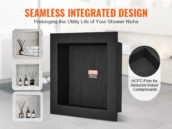 VEVOR shower niche with seamless integrated design, showcasing shower niches with bottles and towels.
