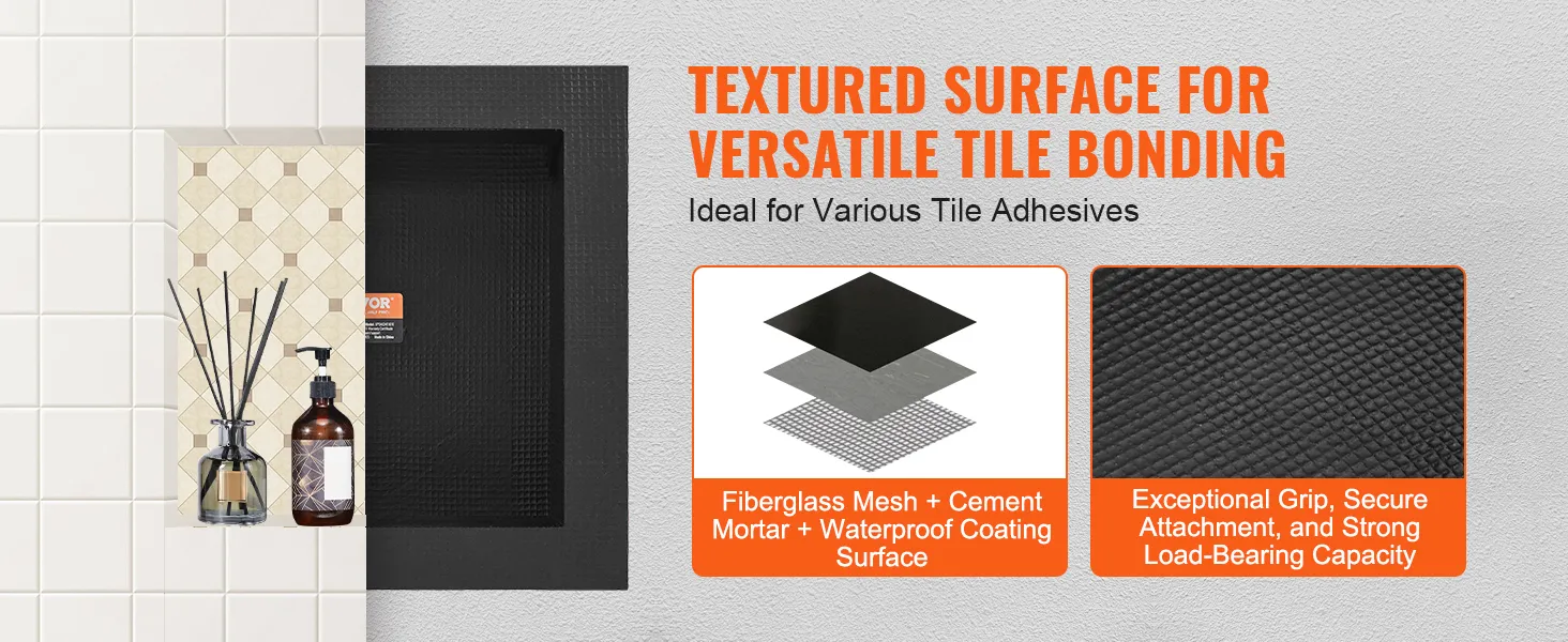 VEVOR shower niche with textured surface for versatile tile bonding and secure attachment.
