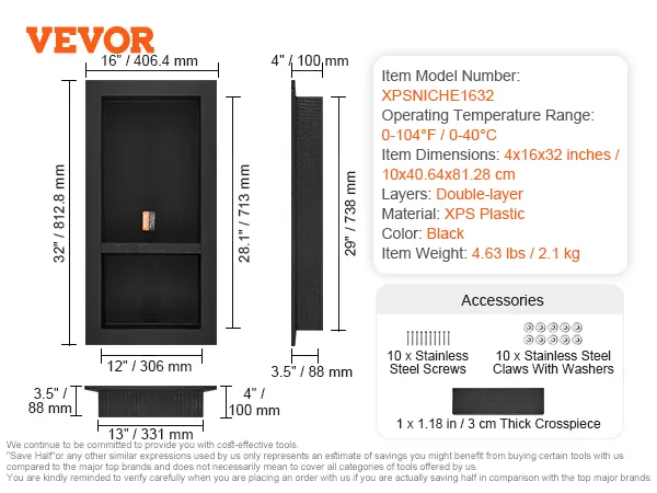 VEVOR shower niche, black xps plastic, double-layer, 16x32 inches, accessories included.