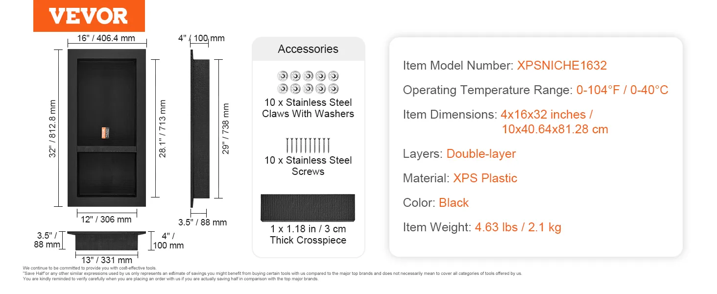 VEVOR shower niche, black xps plastic, double-layer, 16x32 inches, accessories included.