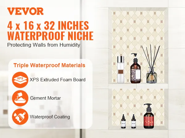 VEVOR shower niche 4"x16"x32" with triple waterproof materials and stylish wall design.