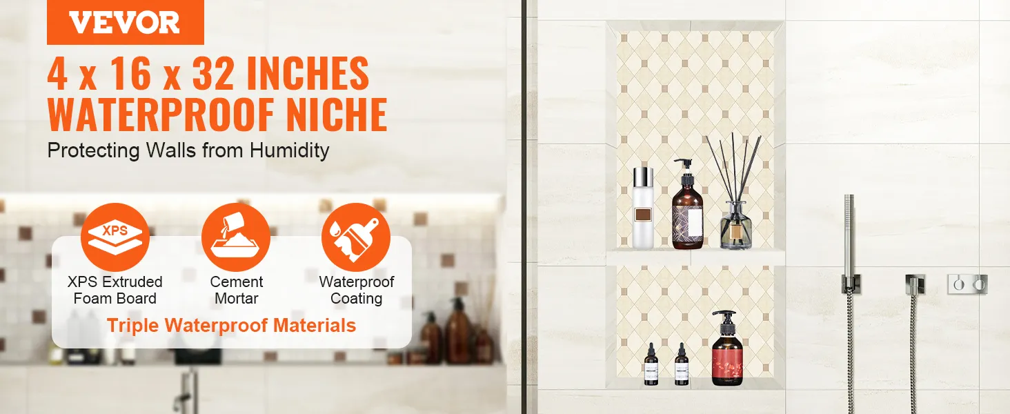 VEVOR shower niche 4"x16"x32" with triple waterproof materials and stylish wall design.