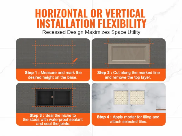 horizontal or vertical installation steps for VEVOR shower niche with waterproof sealant and tiling.