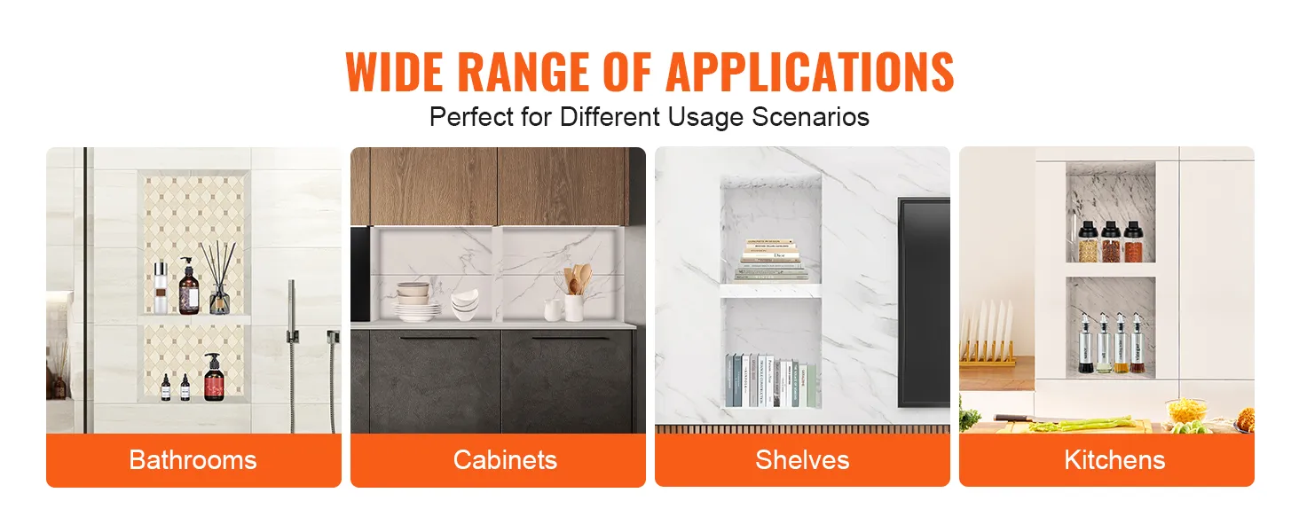 wide range of VEVOR shower niche applications in bathrooms, cabinets, shelves, and kitchens.