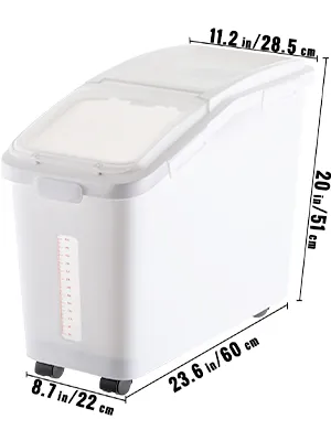 Contenedor de almacenamiento blanco con dimensiones, ruedas giratorias y escala de medición. Contenedor de almacenamiento de ingredientes VEVOR.
