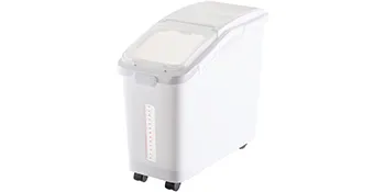 Contenedor de almacenamiento de ingredientes VEVOR con tapa transparente, cuerpo blanco y ruedas para fácil movilidad.