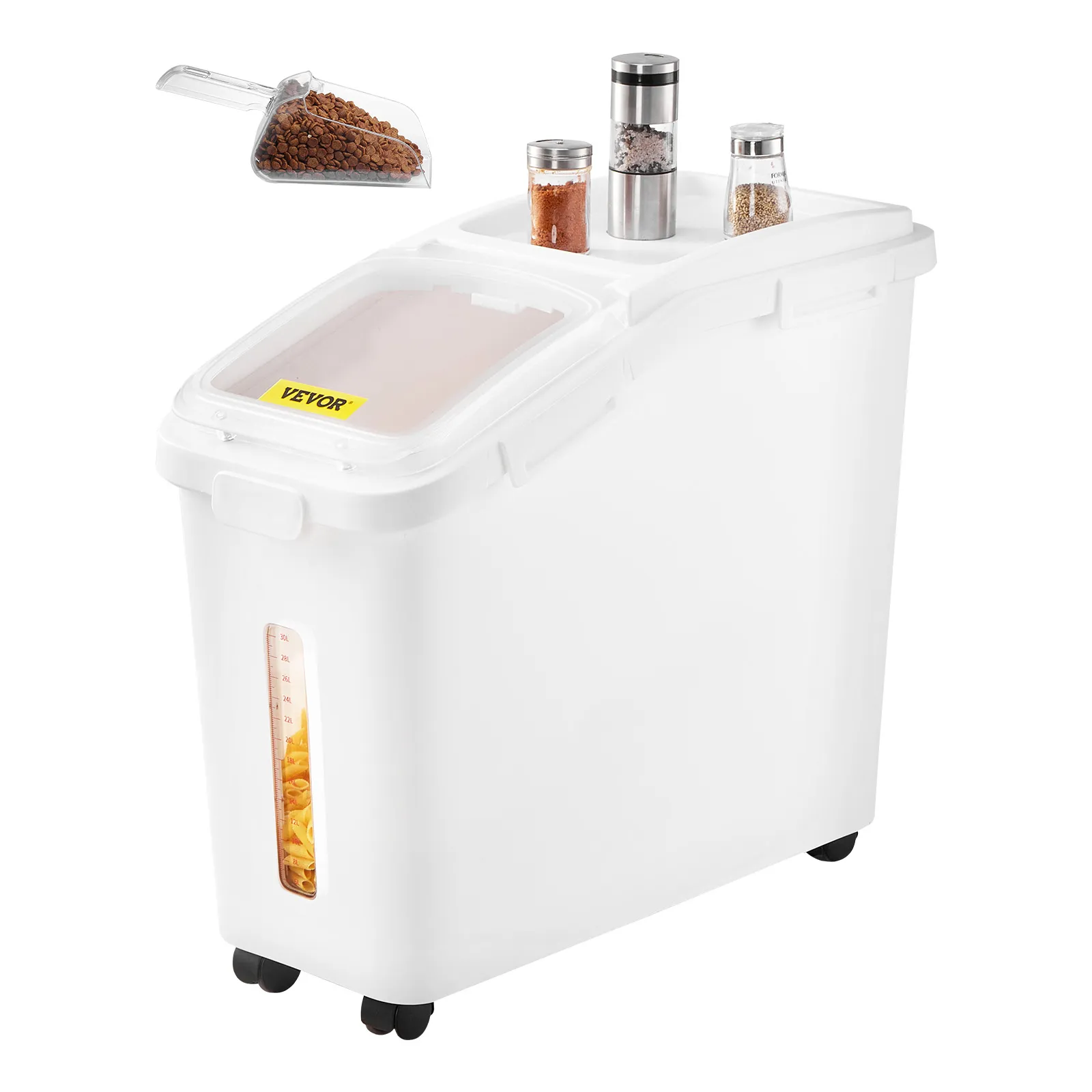 Contenedor de almacenamiento de ingredientes VEVOR con tapa transparente y pala con ruedas.