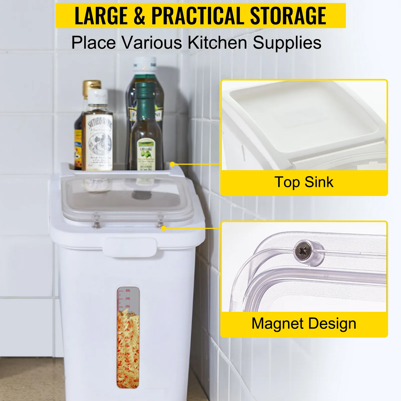 Contenedor de almacenamiento de ingredientes VEVOR con tapa transparente, fregadero superior y diseño magnético, suministros de cocina.