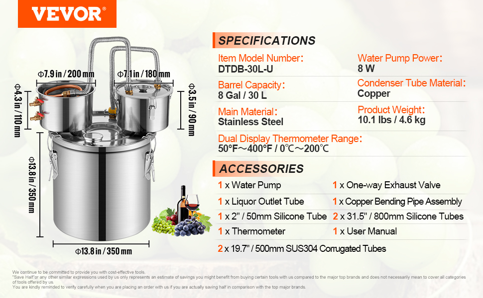 Moonshine Still Water Alcohol Distiller 8Gal w/Thumper Keg