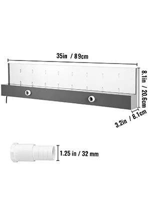 Sfioratore per fontana VEVOR con dimensioni: 35 pollici di larghezza, 8 pollici di altezza, 3,2 pollici di profondità.