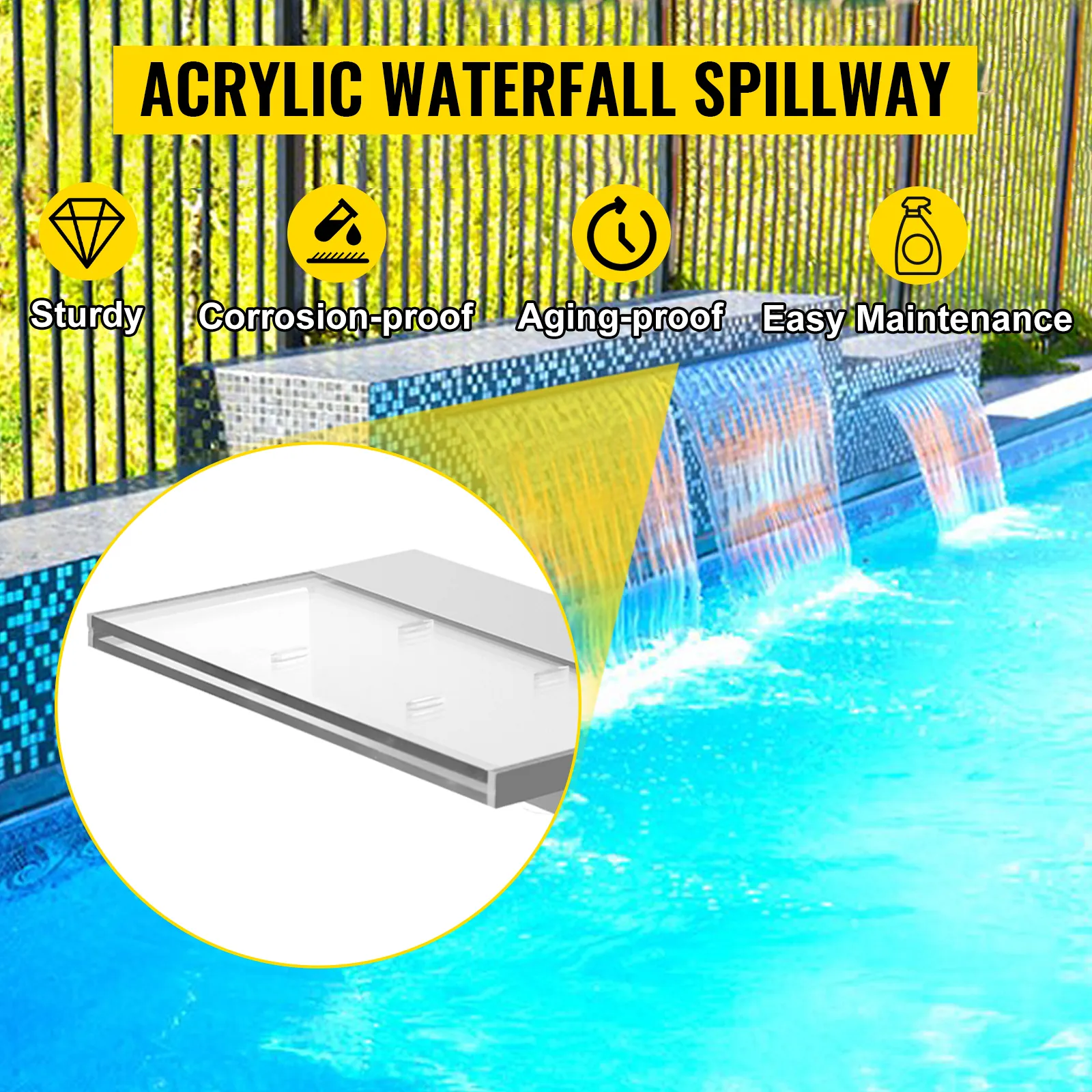 canale di scarico a cascata in acrilico con caratteristiche robuste, resistenti alla corrosione e all'invecchiamento, sopra una piscina.