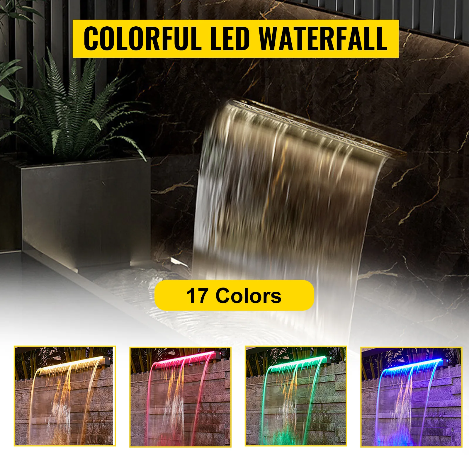 Canale di scarico per fontana VEVOR con illuminazione a LED colorata e 17 opzioni di colore.