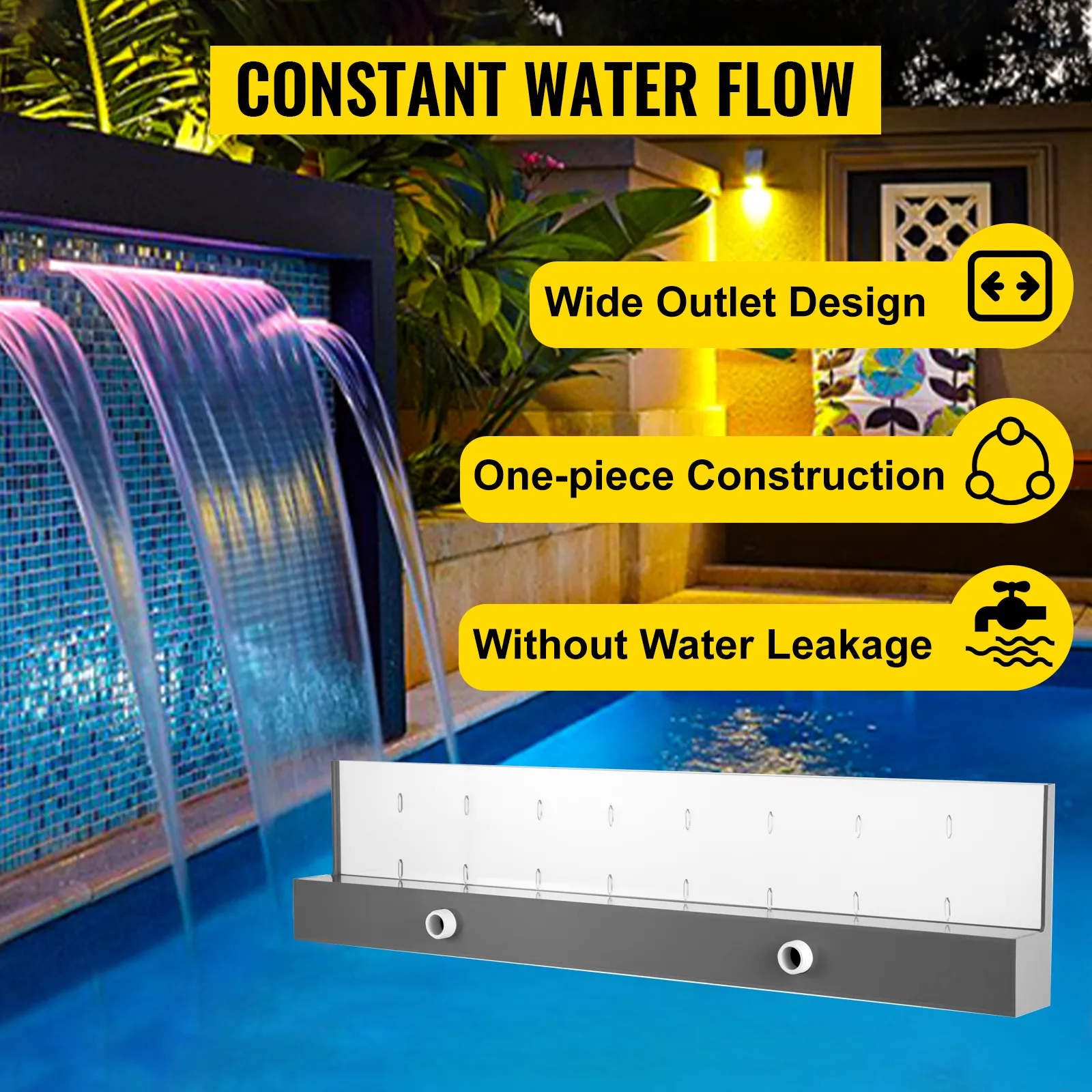 Fontana a sfioratore VEVOR con ampio scarico, piscina illuminata e vegetazione.