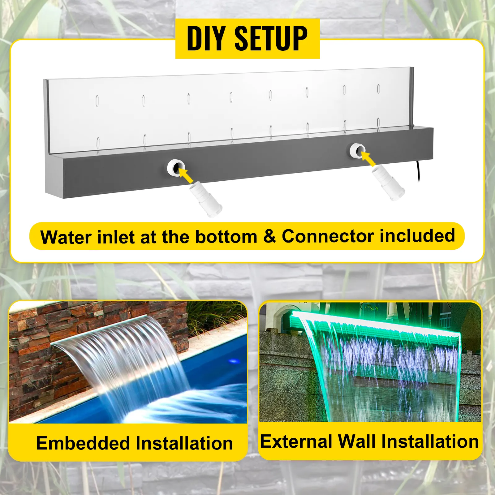 Sfioratore per fontana VEVOR con ingresso acqua, include connettori per installazione e montaggio fai da te.