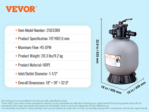 VEVOR sand filter system 25033bx, hdpe, 45gpm, 20.3 lbs, 18"x18"x32.9", 1.5" inlet/outlet.