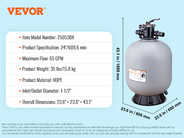 VEVOR Sand Filter, 24-inch, Up to 65 GPM Flow Rate, Above Inground