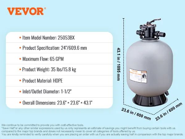 Spezifikationen des VEVOR-Sandfilters: 24 Zoll Durchmesser, maximaler Durchfluss von 65 GPM, HDPE-Material, 35 Pfund, 1,5 Zoll Einlass/Auslass.