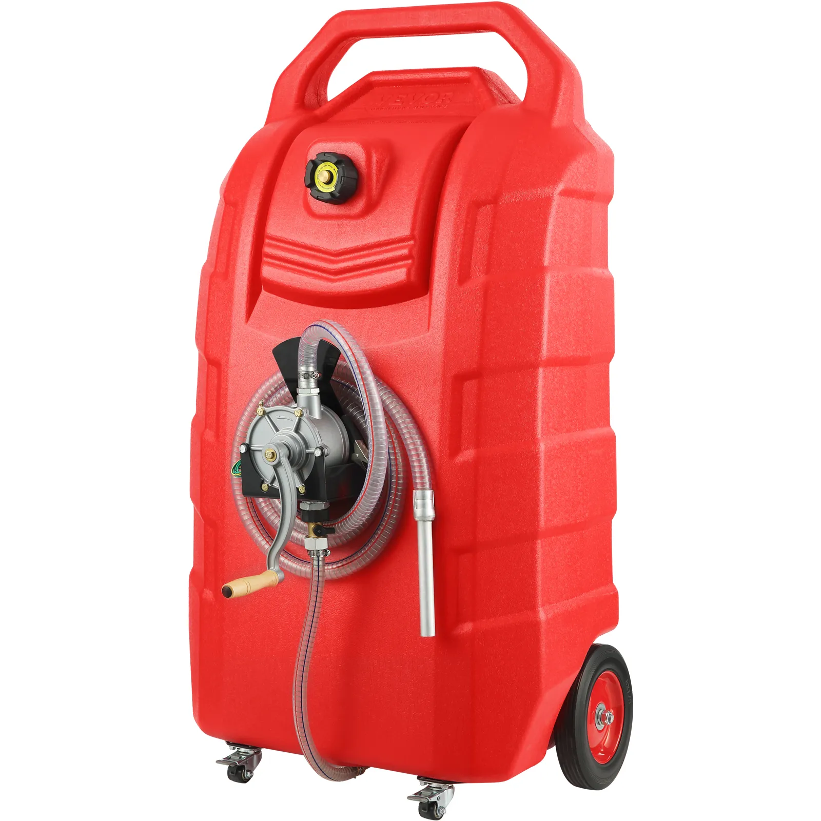 red VEVOR fuel caddy with yellow wheels and hose for easy transport and fueling.
