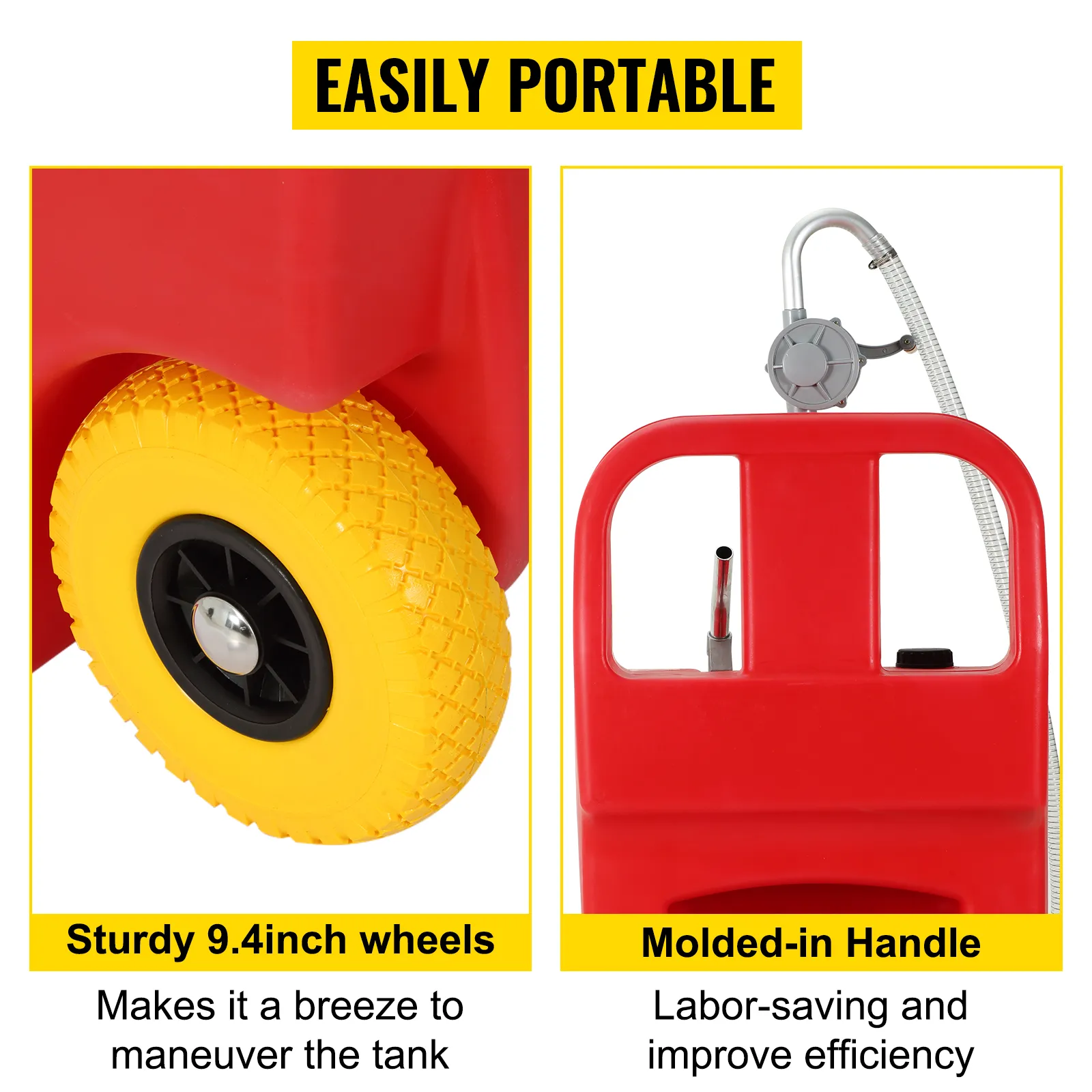 VEVOR fuel caddy features sturdy 9.4-inch wheels and a molded-in handle for easy portability.