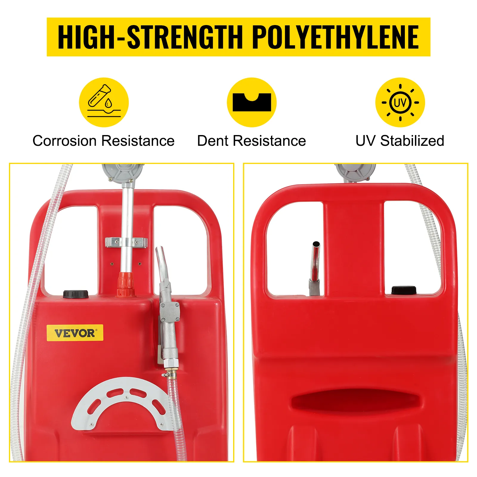 VEVOR fuel caddy made of high-strength polyethylene, showcasing corrosion and dent resistance, uv stabilized.