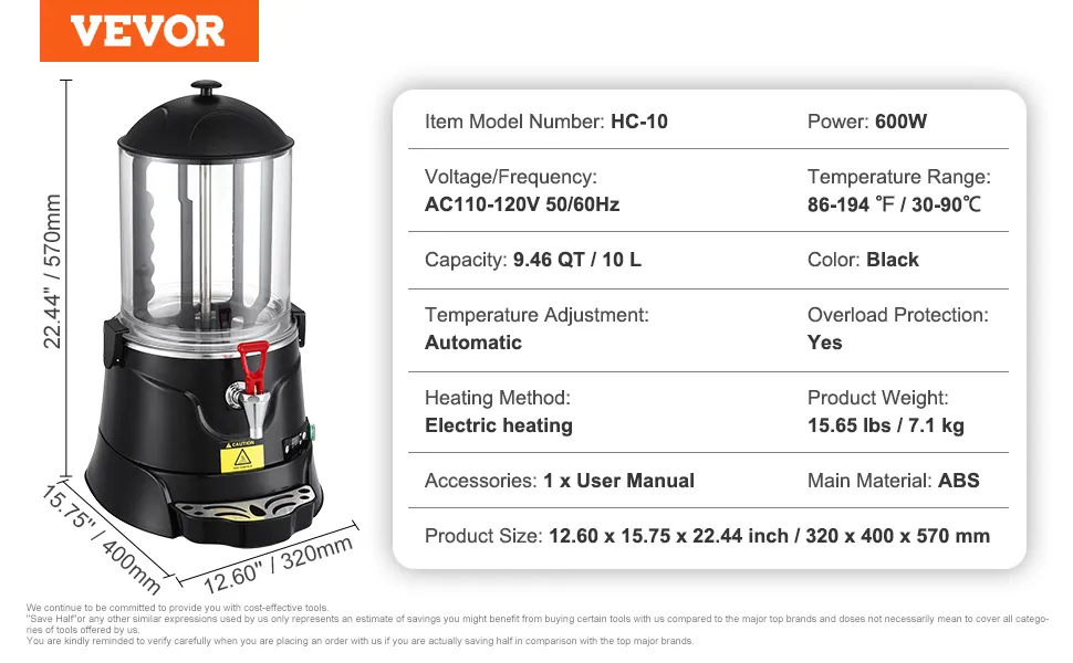 Dispensador de chocolate caliente VEVOR hc-10, 600w, negro, capacidad de 10l, calentamiento eléctrico, rango de temperatura de 86 a 194 °F.