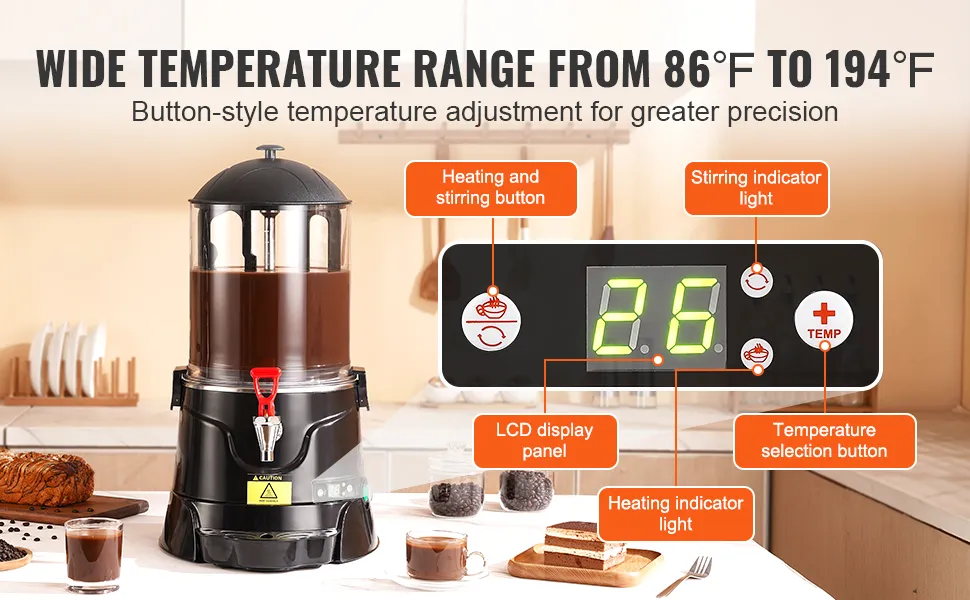 Dispensador de chocolate caliente VEVOR con panel LCD, botones de calentamiento y agitación y rango de temperatura.