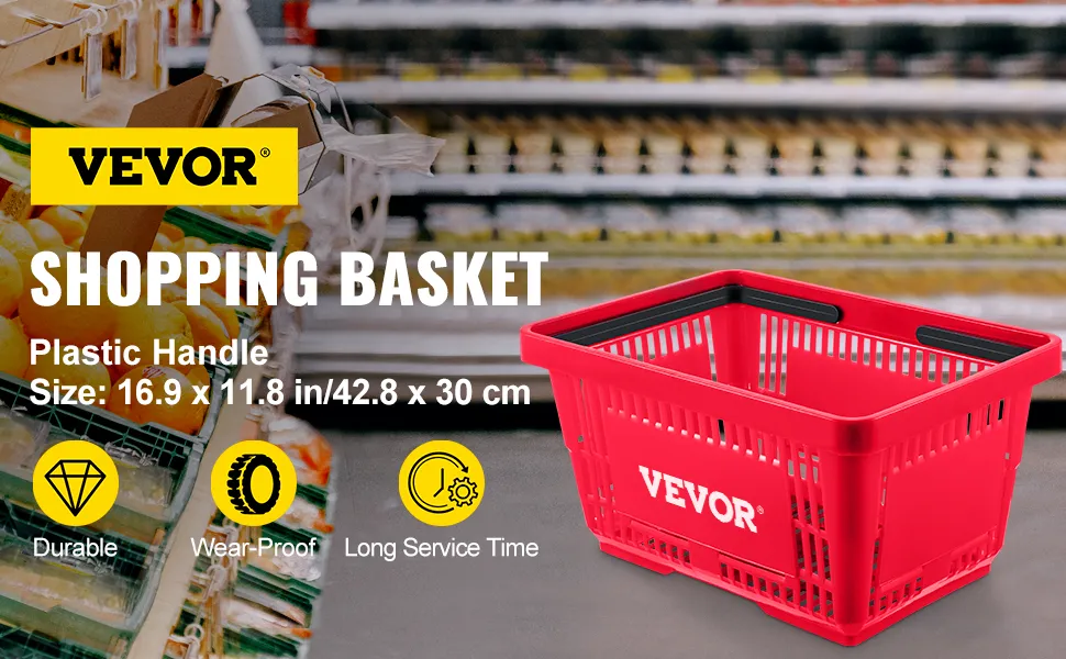 red VEVOR shopping basket with plastic handle in a grocery store, featuring durability, wear-proof, and long service time.