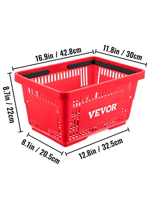 red VEVOR shopping basket with dimensions labeled: 16.9in x 11.8in x 8.7in.