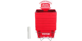 red VEVOR shopping basket stacked with sign promoting convenience next to white cylindrical object.