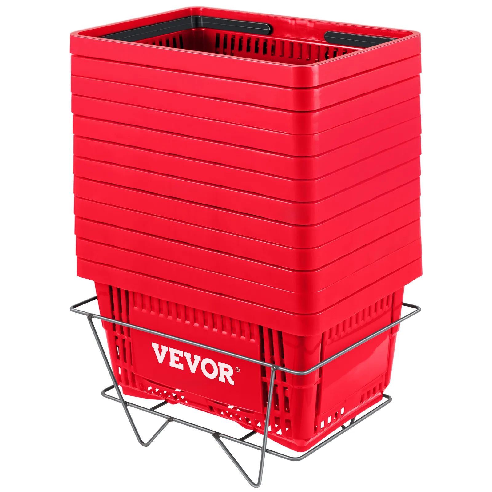stack of red VEVOR shopping baskets in a metal holder.