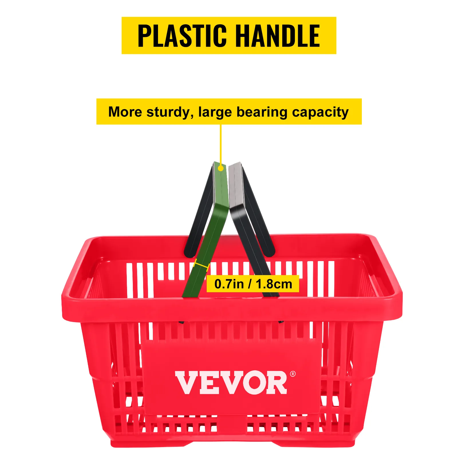 red VEVOR shopping basket with a sturdy plastic handle, capable of heavy loads, handle width 0.7in/1.8cm.