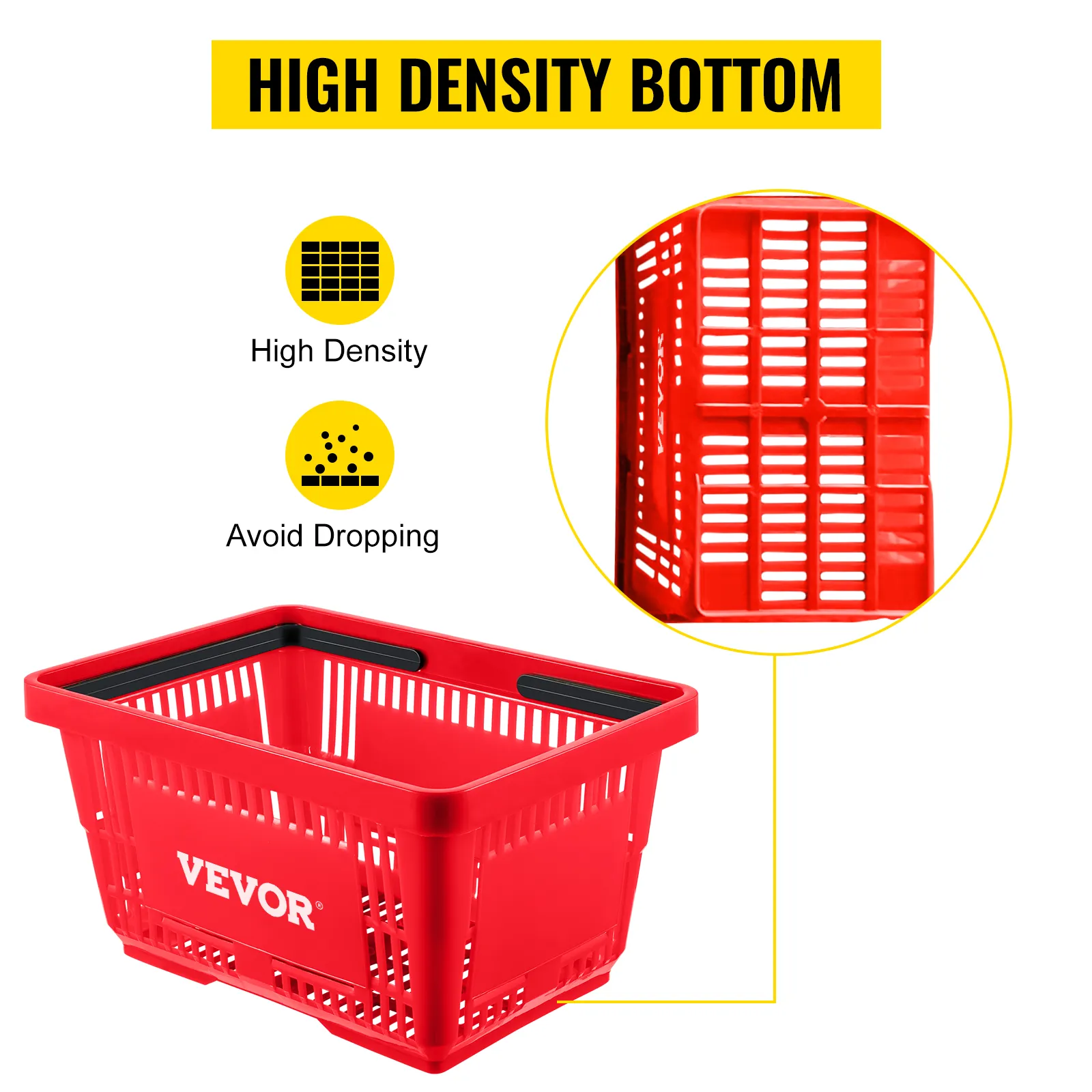 VEVOR shopping basket with high density bottom, ensuring durability and preventing dropping.