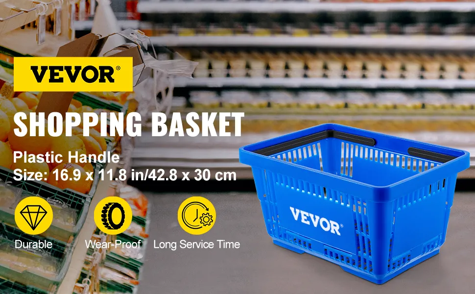 VEVOR shopping basket with a plastic handle, dimensions 16.9x11.8 in, infront of store shelves.