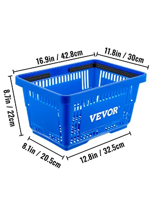 blue VEVOR shopping basket with dimensions labeled: 16.9in x 11.8in x 8.1in.