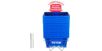 blue VEVOR shopping basket stack with sign, highlighting shopping convenience.
