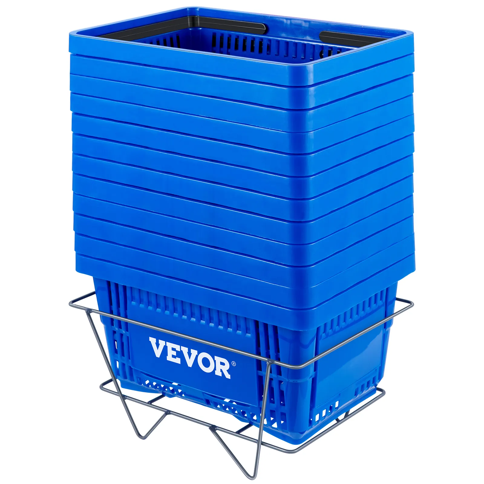 stacked blue VEVOR shopping baskets in a metal rack.
