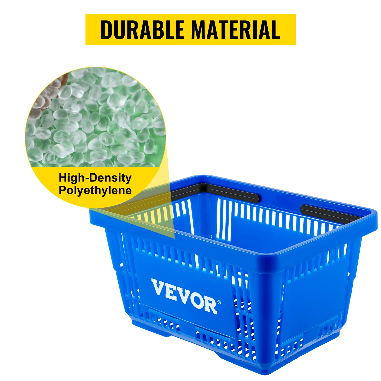 blue VEVOR shopping basket made of high-density polyethylene with a focus on durability.