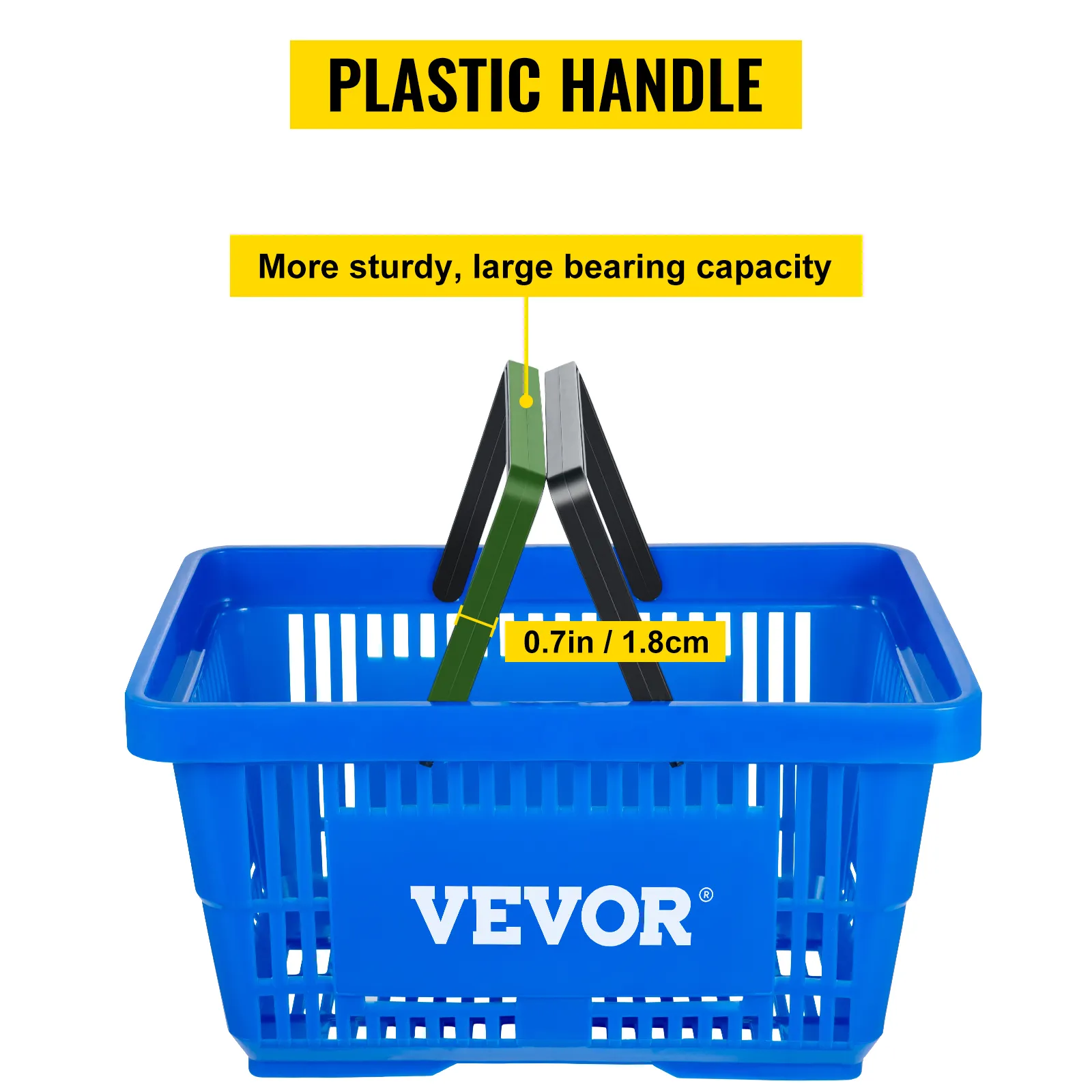 VEVOR shopping basket with plastic handle, showing 0.7in/1.8cm width, blue color, high capacity.