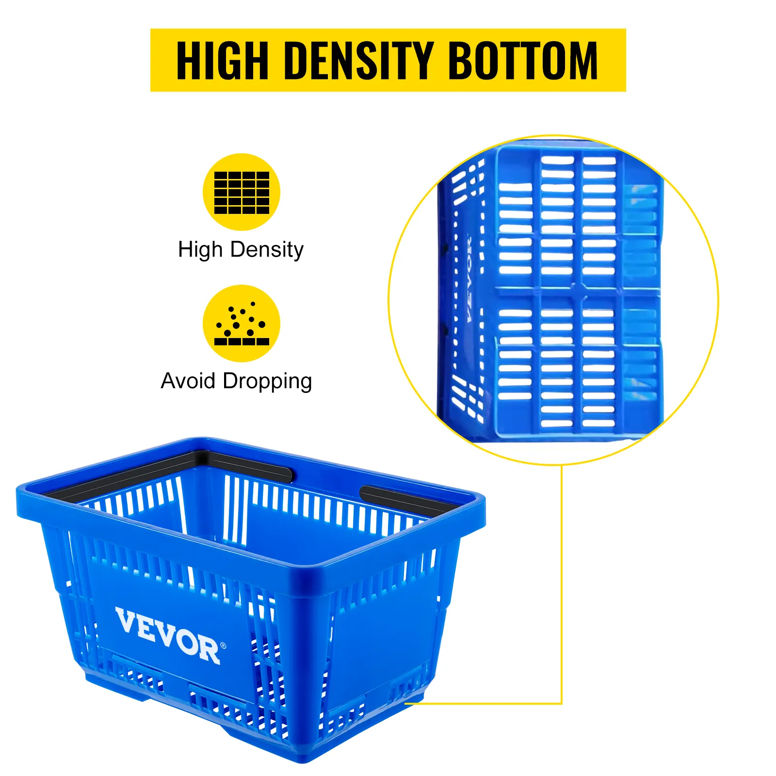 VEVOR shopping basket with high-density bottom in blue, highlighting durability and stability.