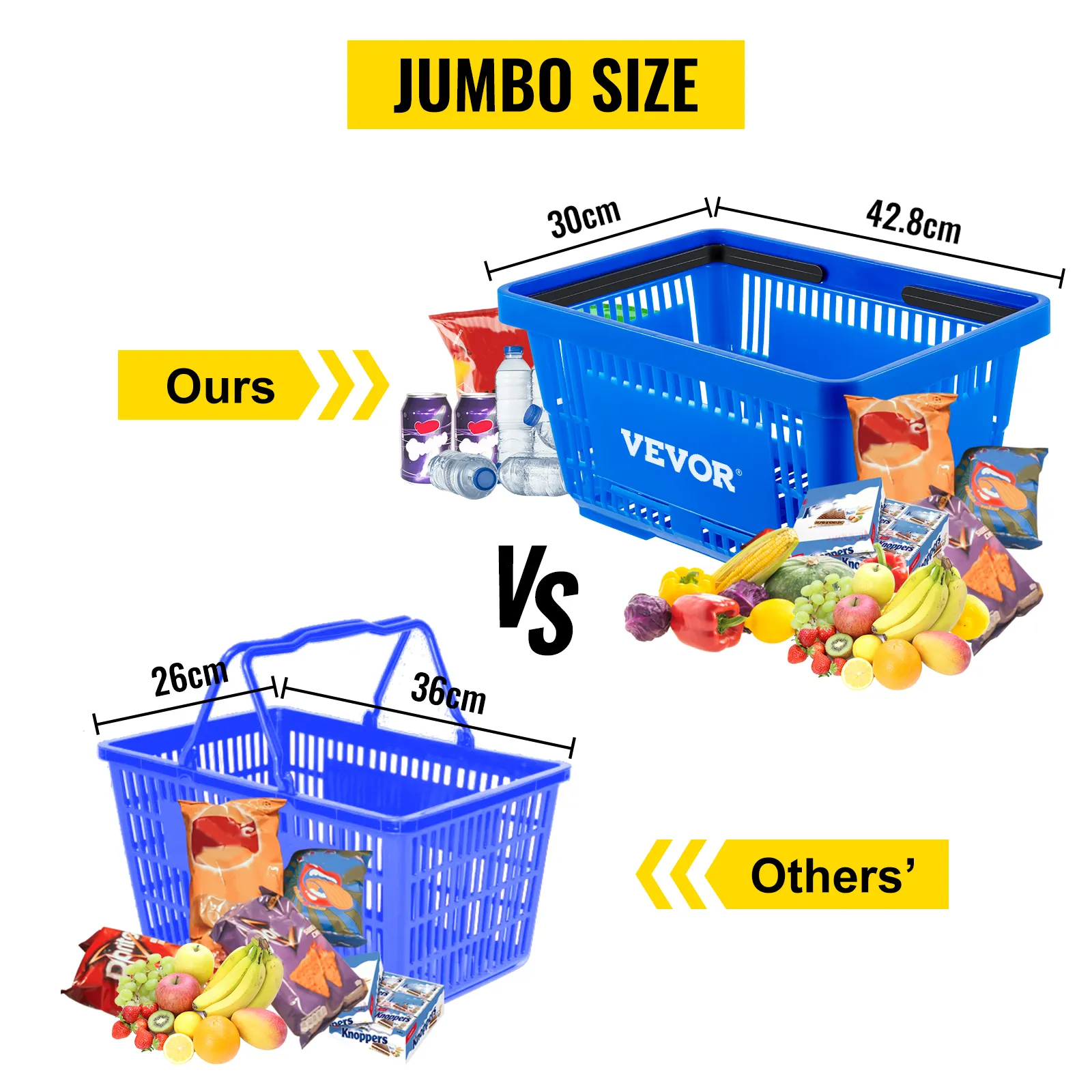VEVOR shopping basket jumbo size versus a smaller generic shopping basket with assorted groceries.