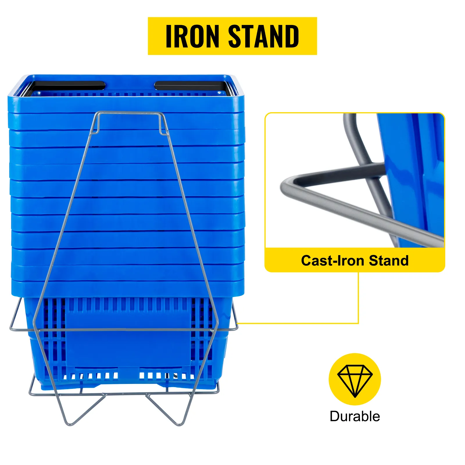 blue VEVOR shopping baskets stacked on a cast-iron stand, highlighting durability.