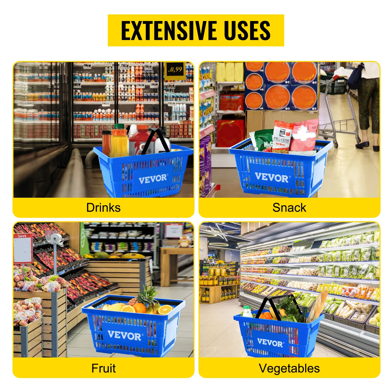 VEVOR shopping basket used for drinks, snacks, fruits, and vegetables in a supermarket.