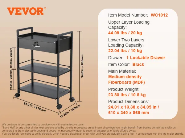 VEVOR beauty salon trolley, wc1012, black mdf, 34 inches tall, 3 shelves, lockable drawer, 24 x 13 inches.
