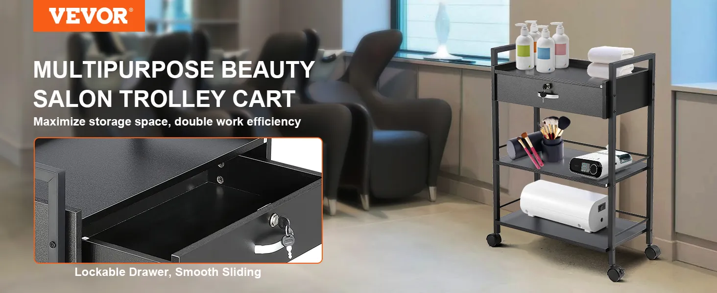 VEVOR beauty salon trolley with lockable drawer, multiple shelves for beauty products, and smooth wheels.