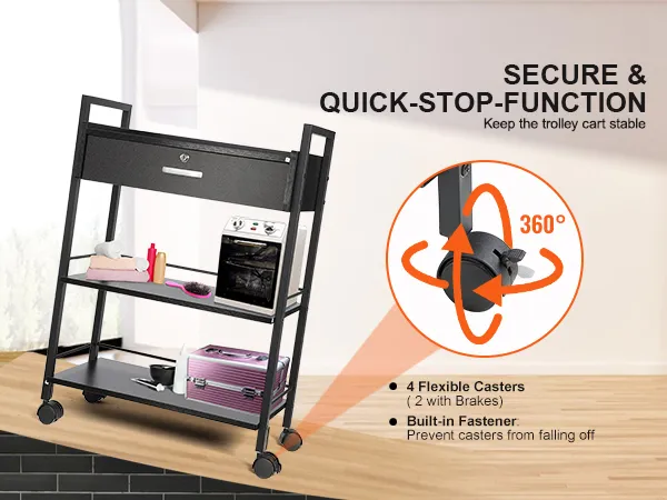 VEVOR beauty salon trolley with 4 flexible casters, secure quick-stop function, and built-in fastener.