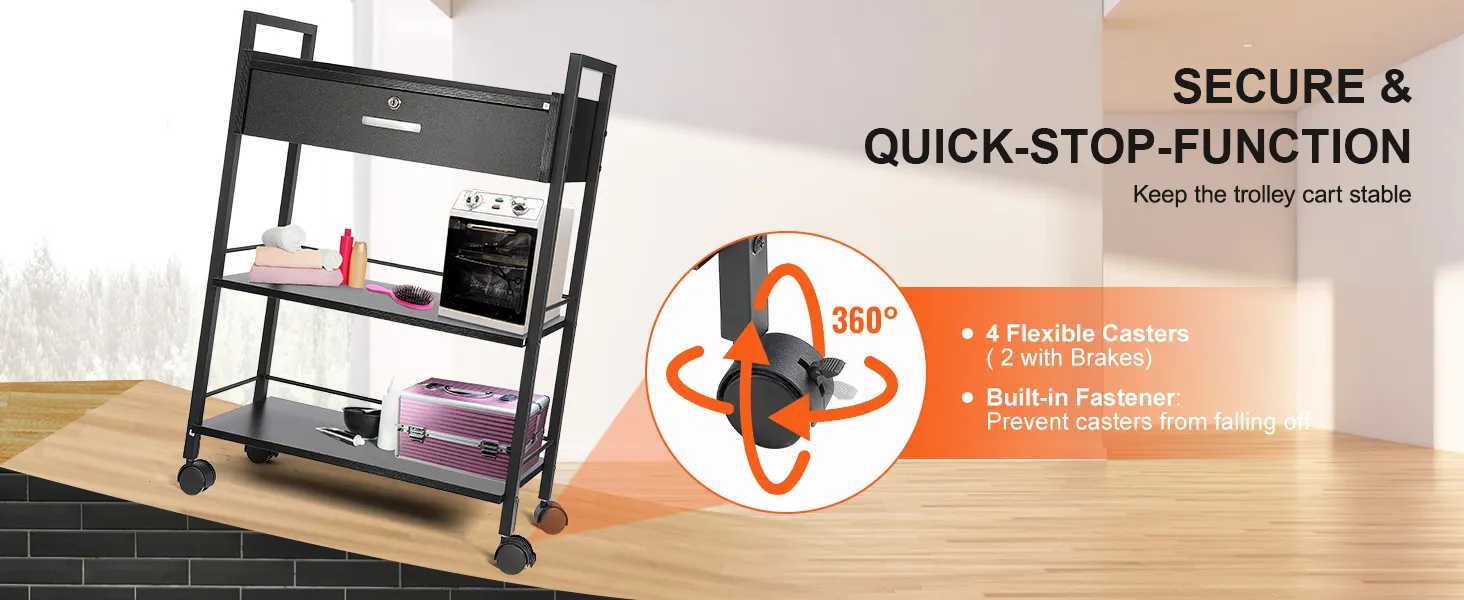 VEVOR beauty salon trolley with 4 flexible casters, secure quick-stop function, and built-in fastener.